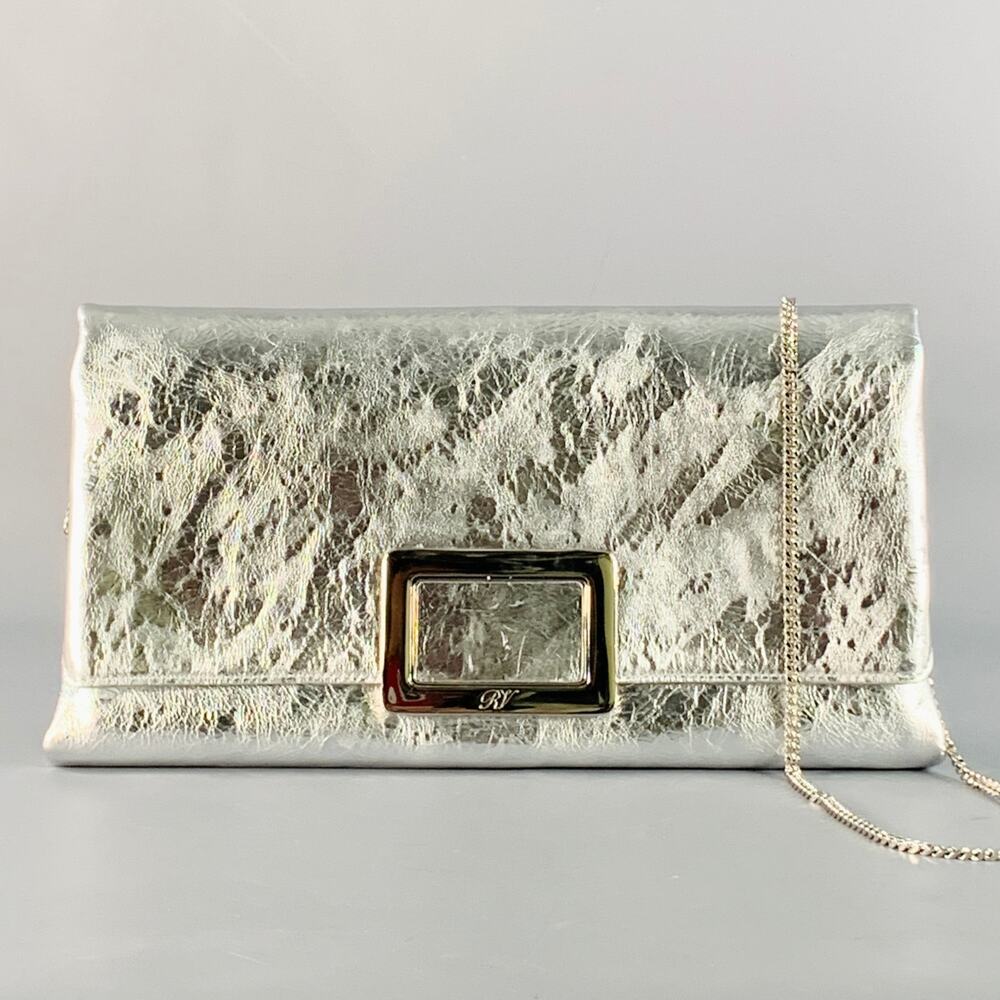 ROGER VIVIER Metallic Silver Textured Leather Clutch Handbag
